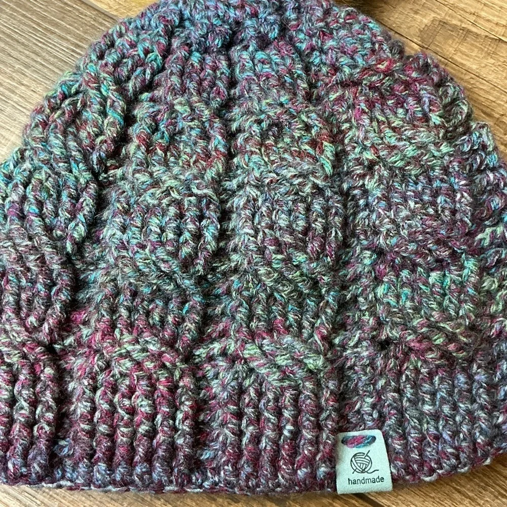 Cable Knit Crochet Beanie Hat Handcrafted With Faux Fur Pom Handmade Purple Blue